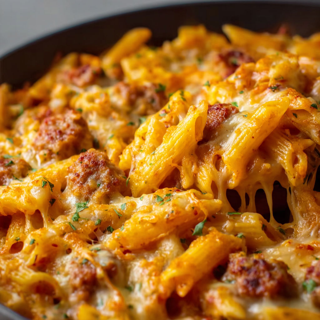 A delicious cheesy sausage pasta dish.