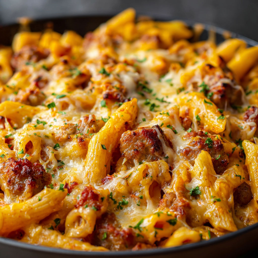 A bowl of pasta with meat and cheese.