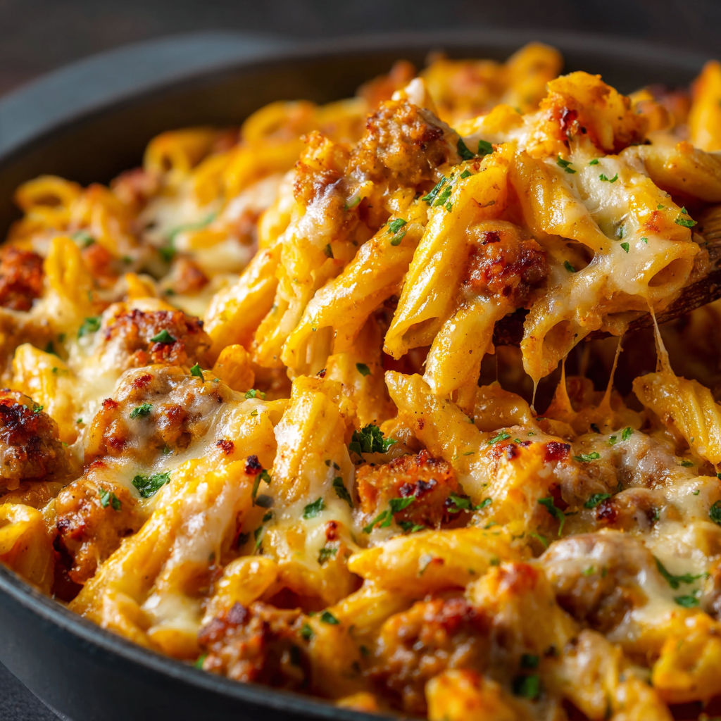 A bowl of pasta with meat and cheese.