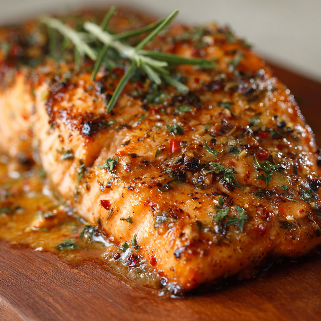 A piece of salmon with herbs on top.