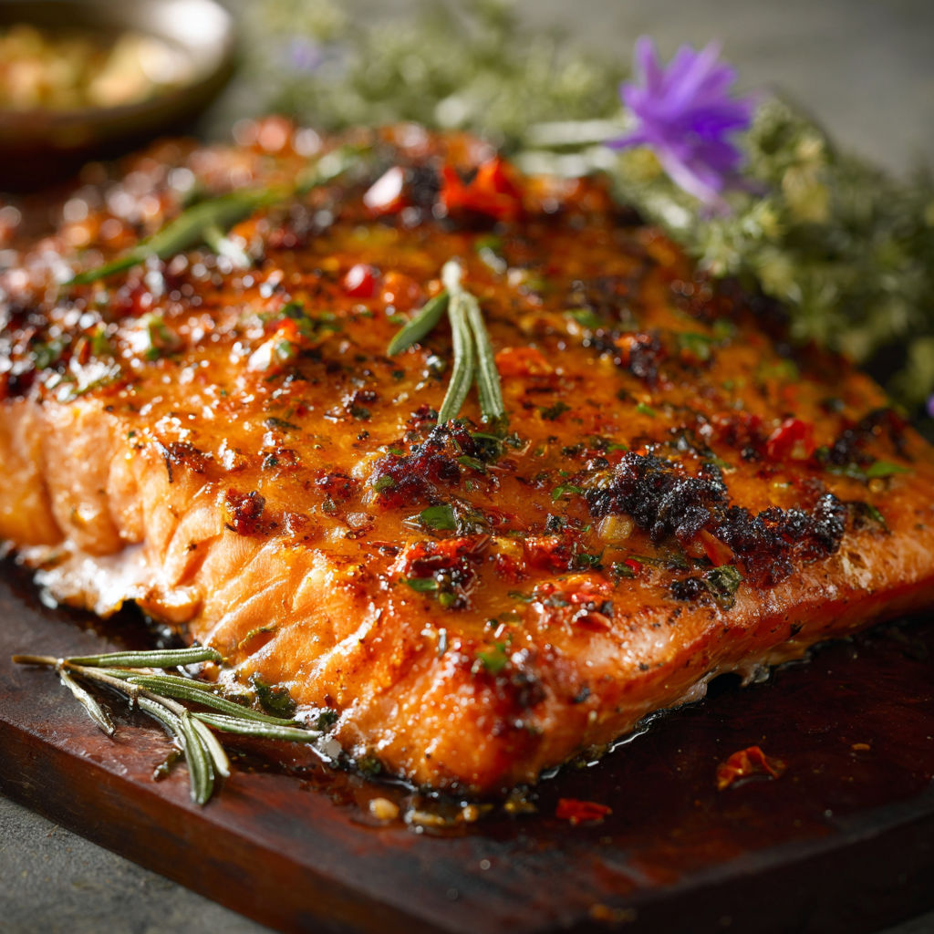 A piece of cooked salmon on a wooden cutting board.