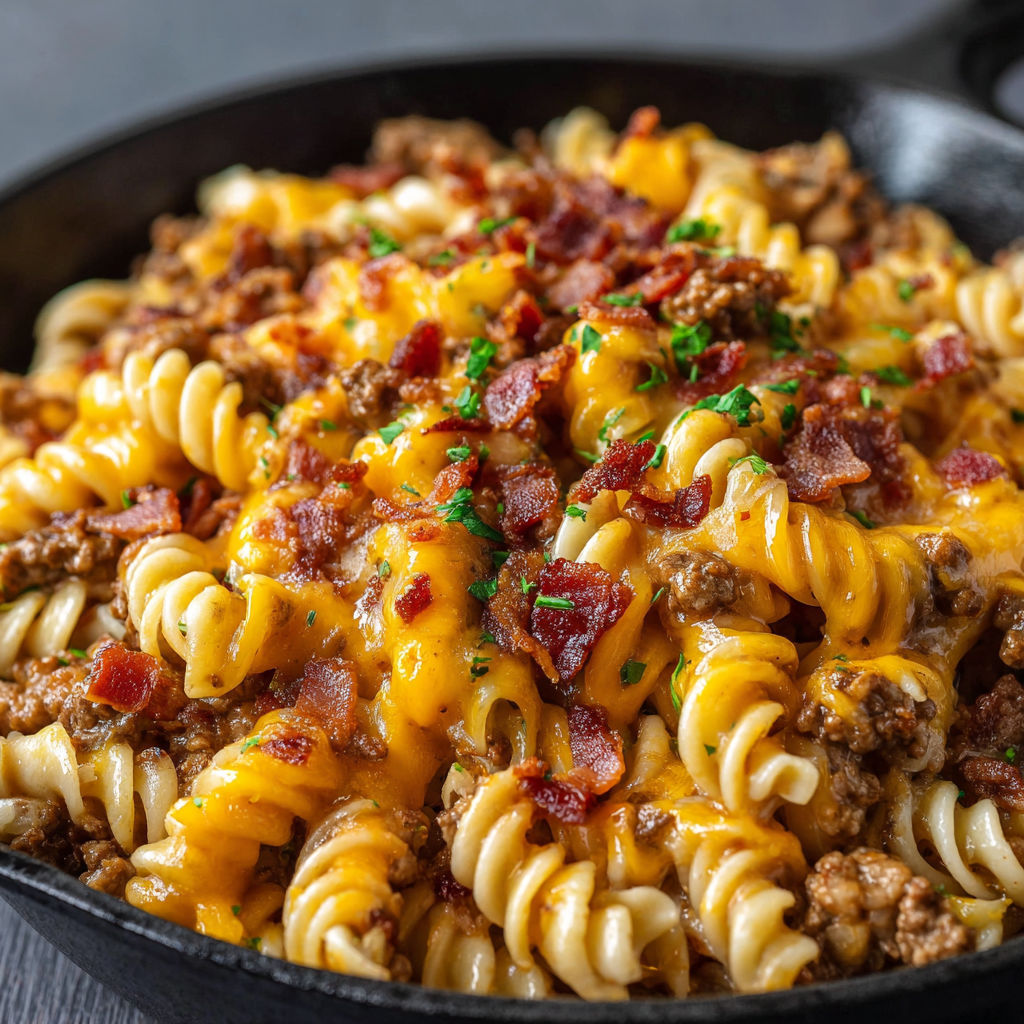 A bowl of pasta with meat and cheese.