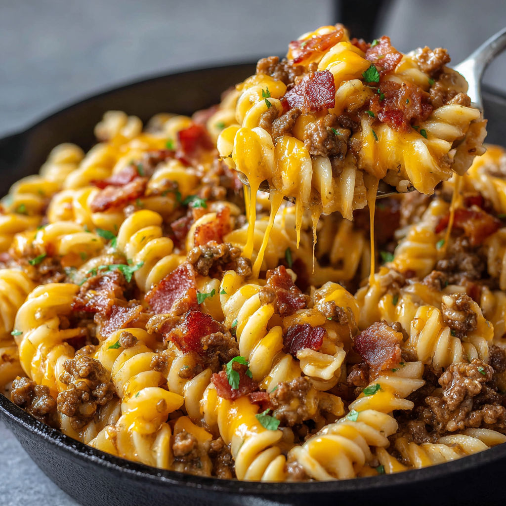 A bowl of pasta with meat and cheese.