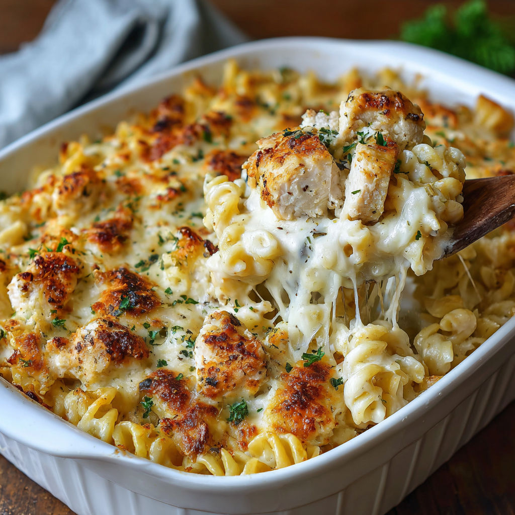 A creamy garlic Parmesan chicken pasta bake.