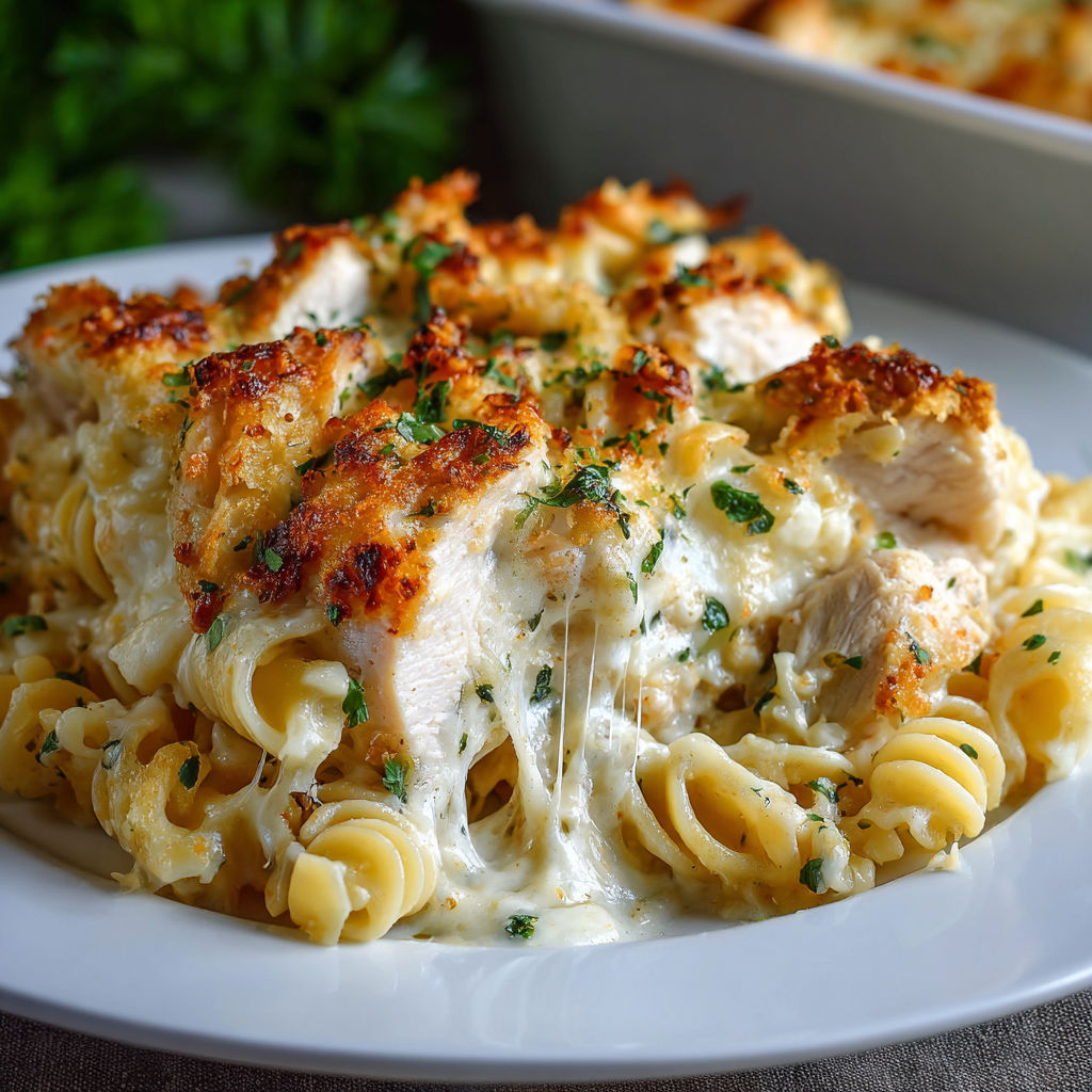 A plate of food with chicken and pasta.
