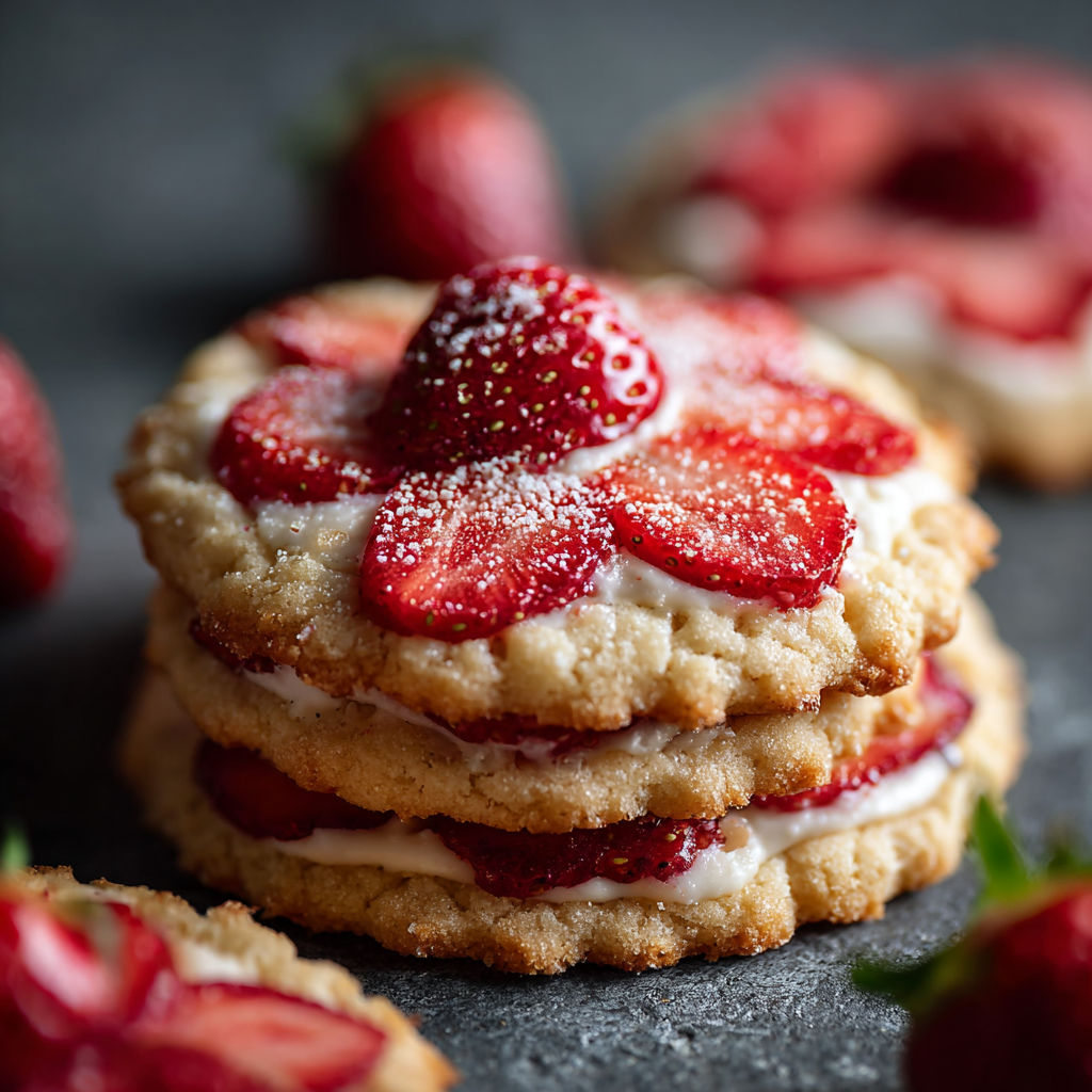A stack of cookies with strawberries on top.