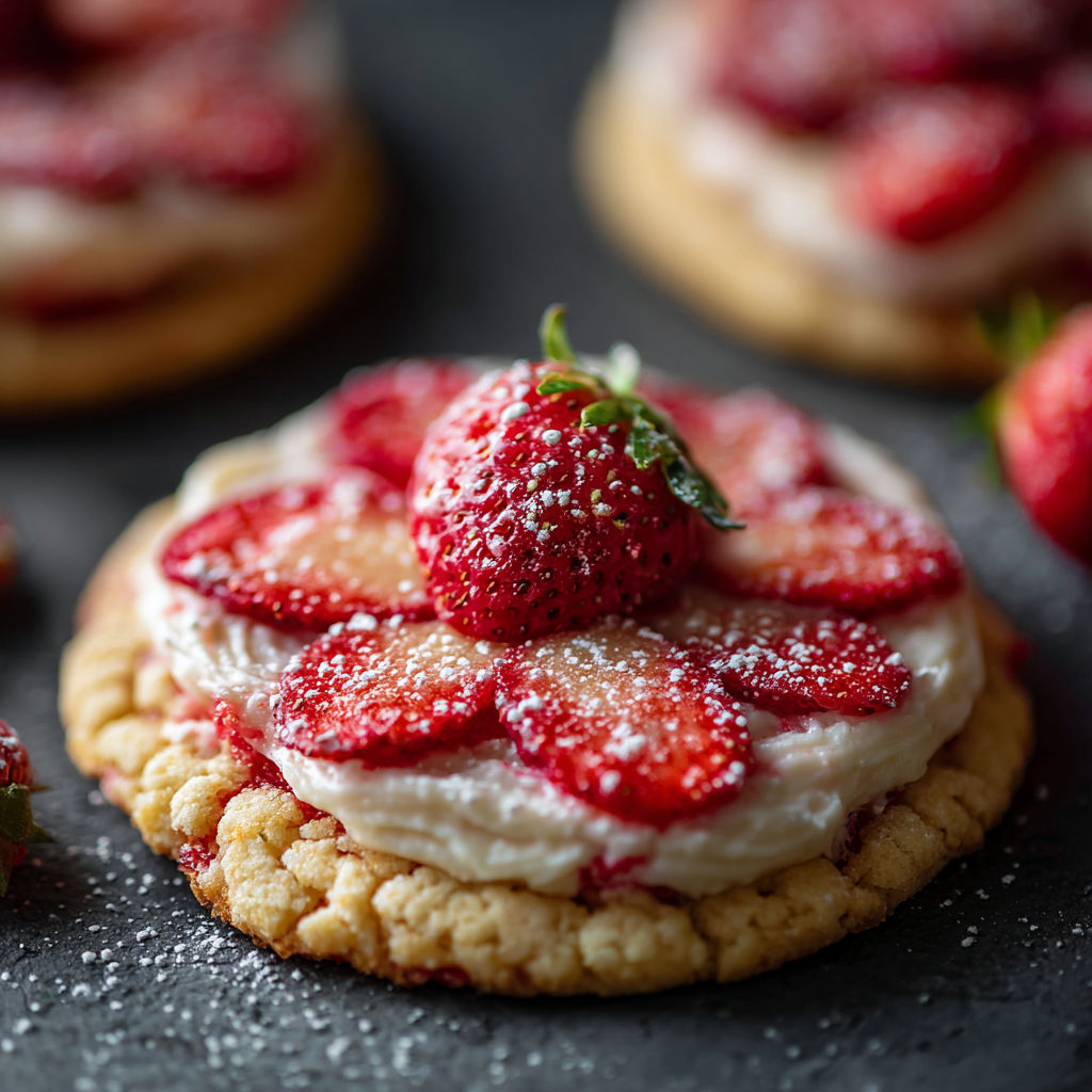 A cookie with a strawberry on top.