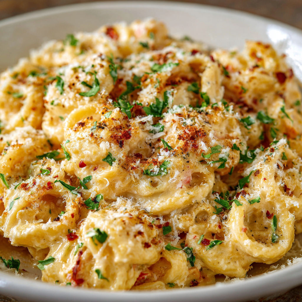 A plate of pasta with cheese and herbs.