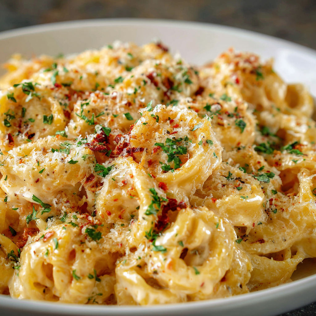 A bowl of pasta with cheese and herbs.