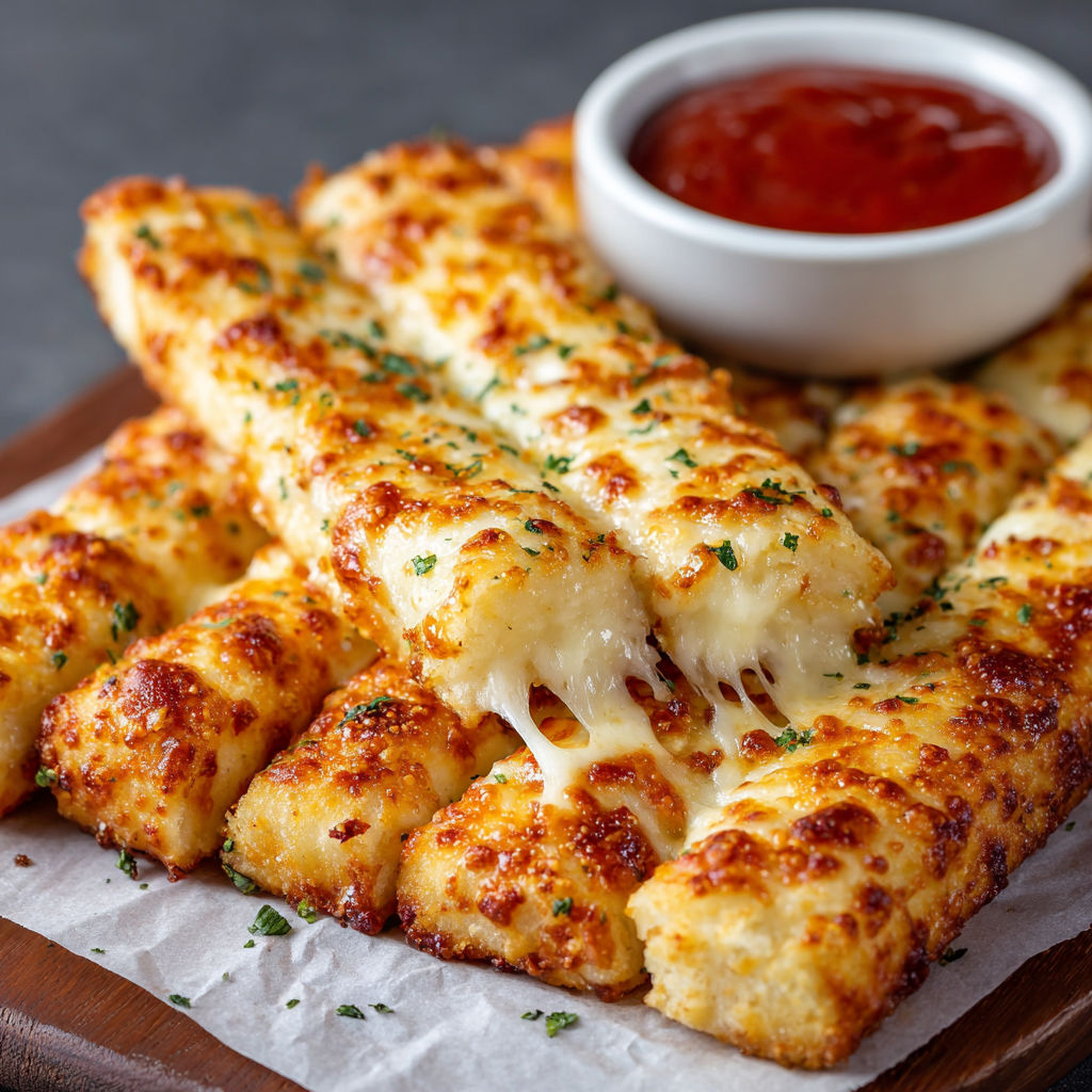 A plate of cheese sticks with a bowl of marinara sauce.