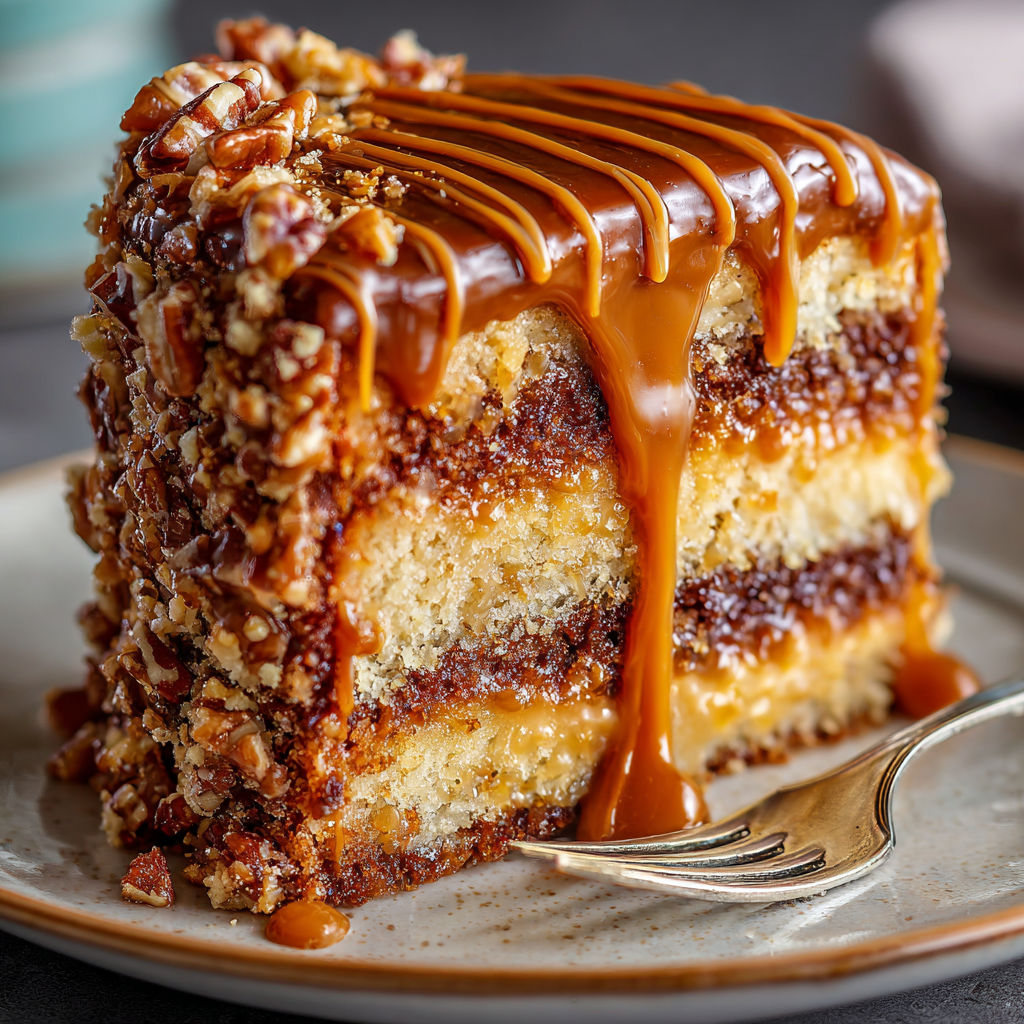 A slice of turtle caramel cake with a drizzle of caramel sauce.