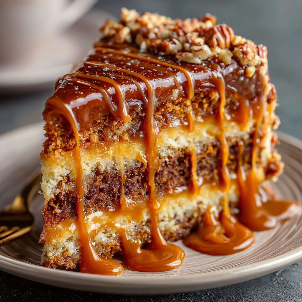 A slice of cake with caramel drizzled on top.