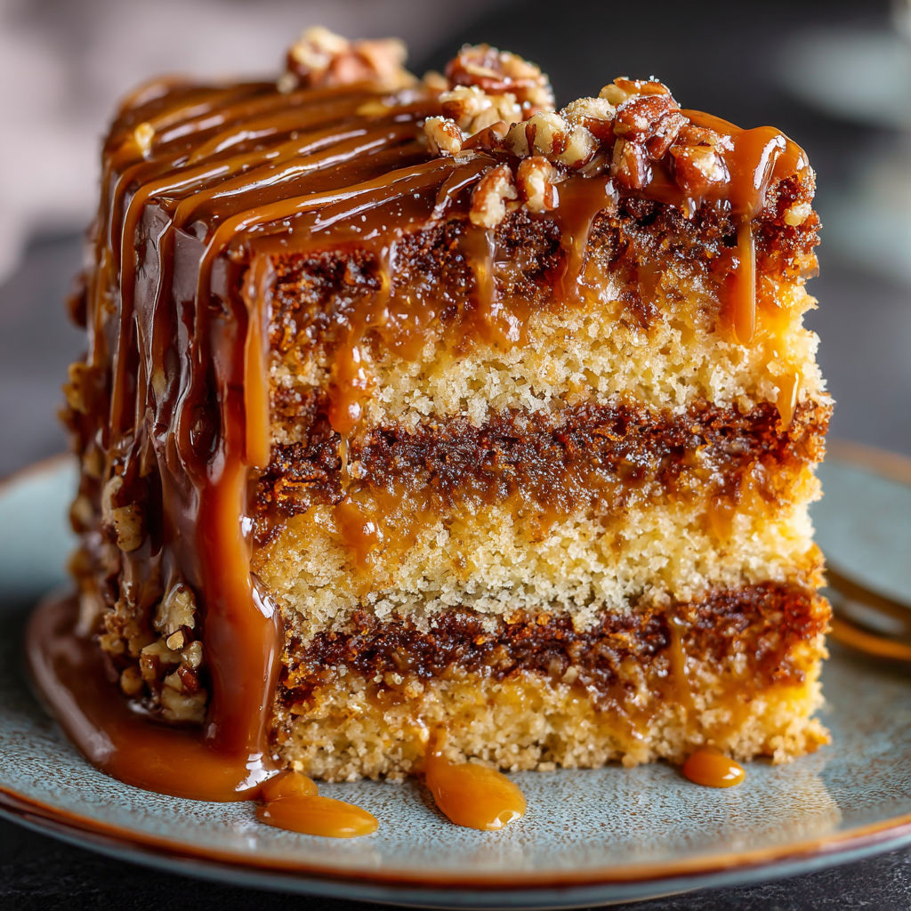 A slice of cake with caramel drizzled on top.