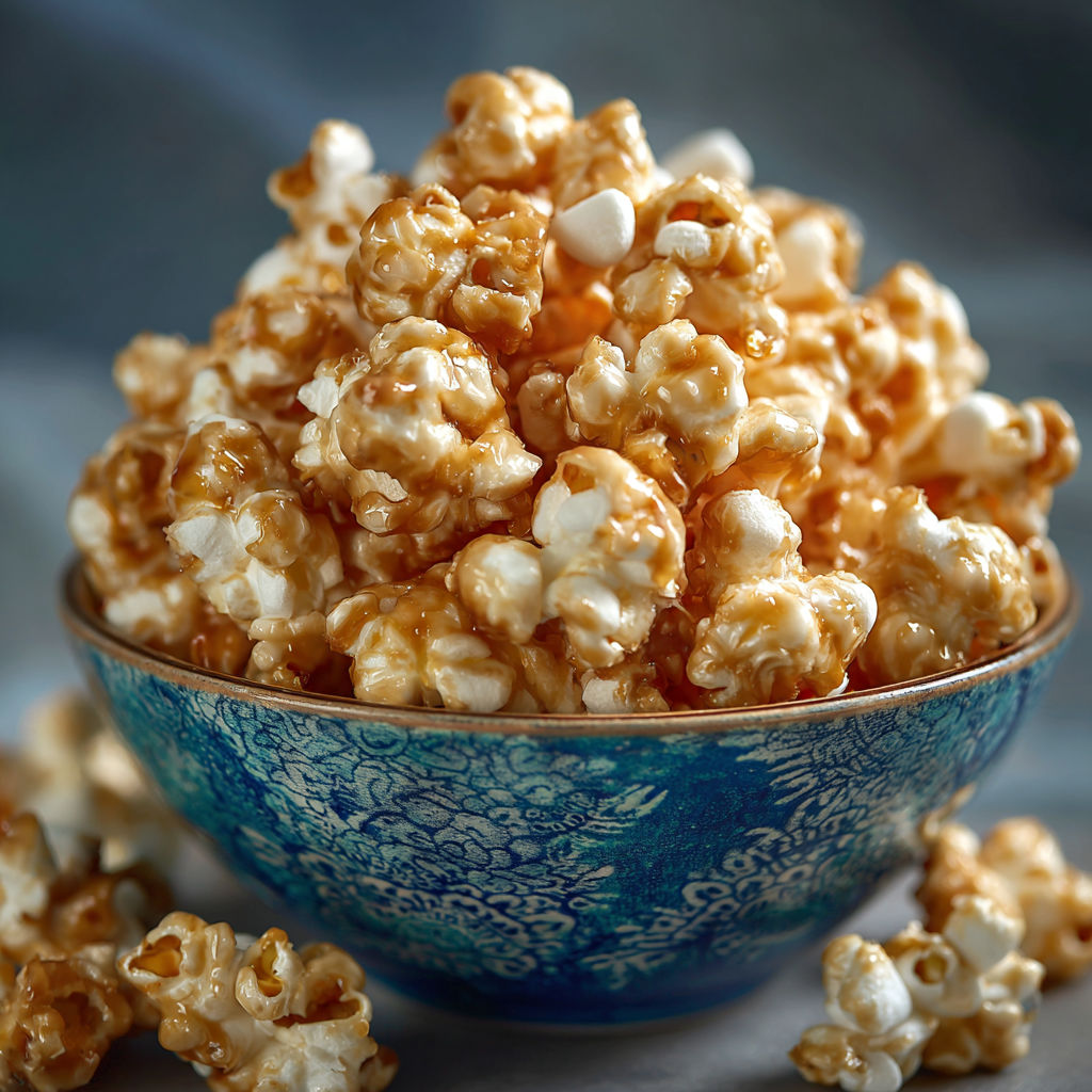 A bowl of popcorn with a blue bowl.