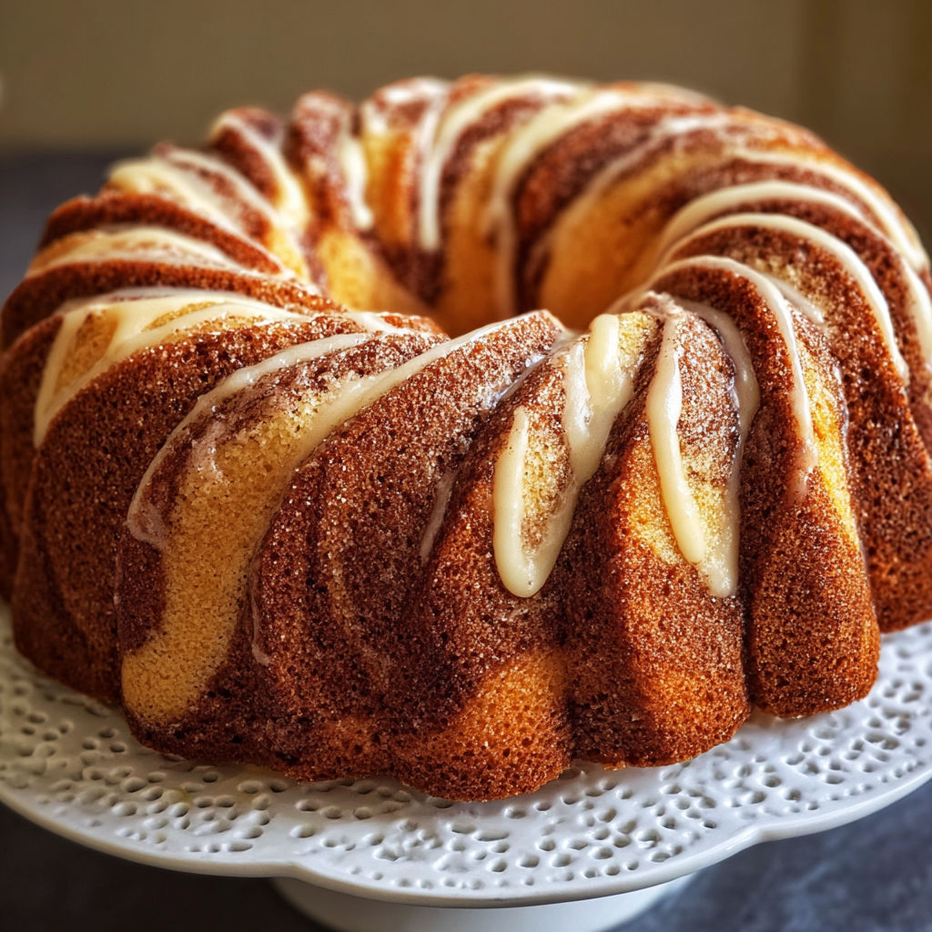 A cinnamon swirl bundt cake on a plate.
