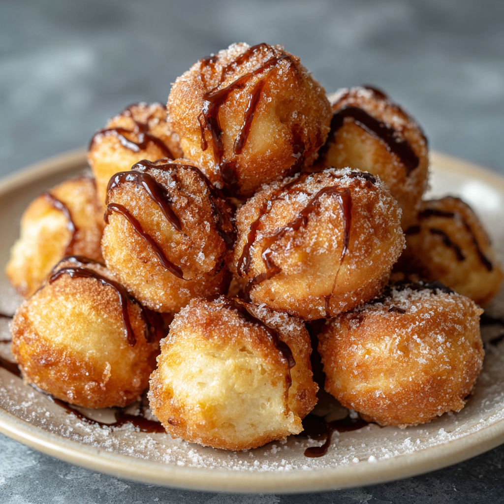 A plate of doughnuts with chocolate drizzle.