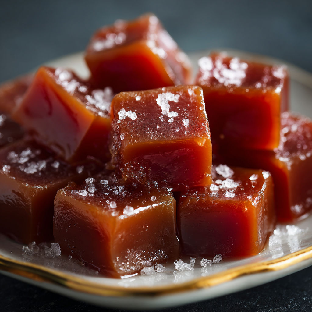 A plate of pomegranate caramels with sugar on top.
