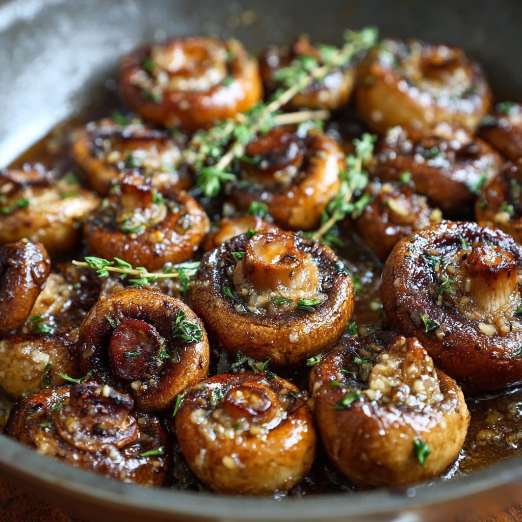 A pan of mushrooms with herbs and spices.