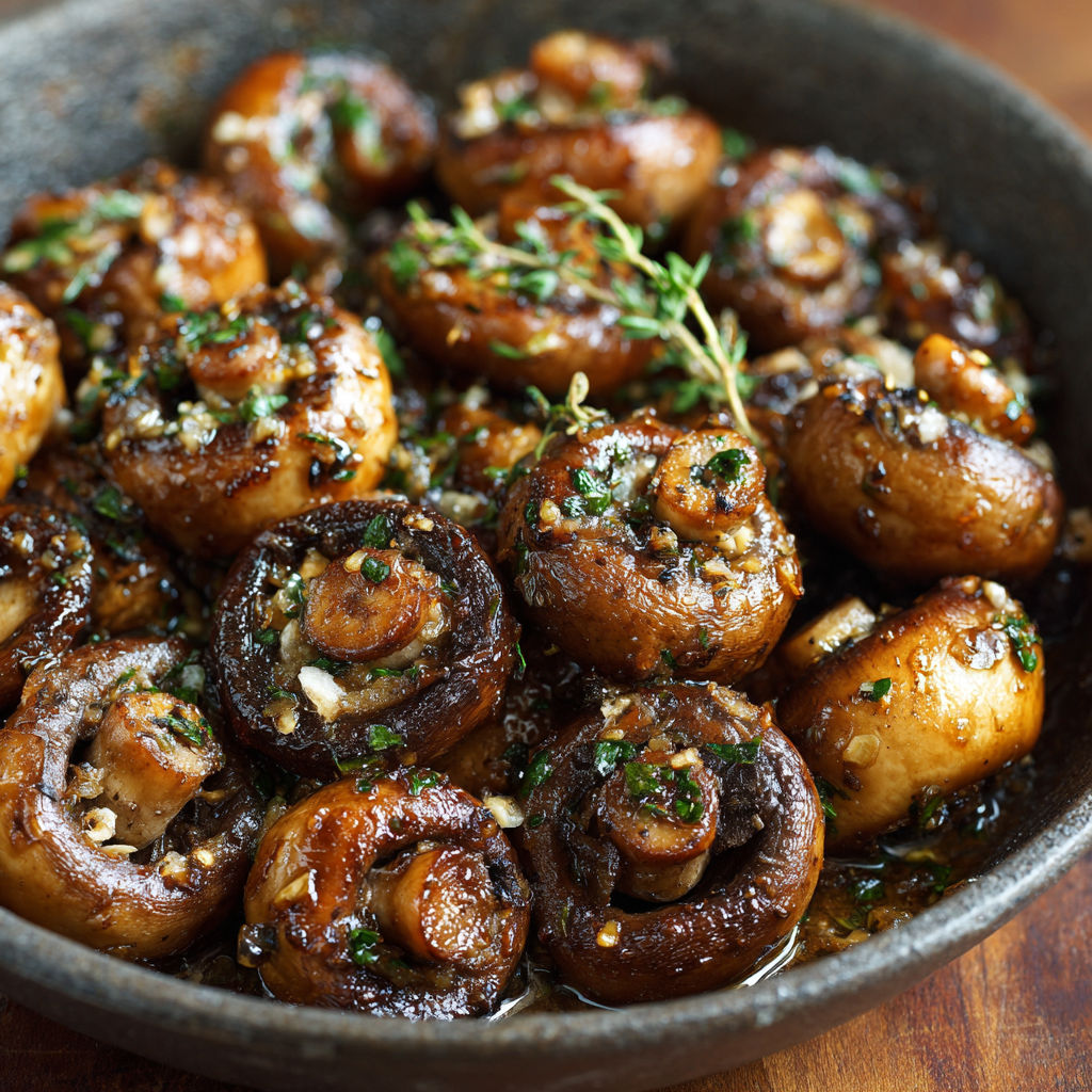 A bowl of mushrooms with herbs and spices.