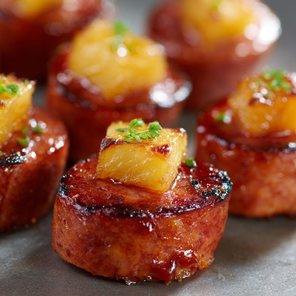 A plate of food with a pineapple on top.