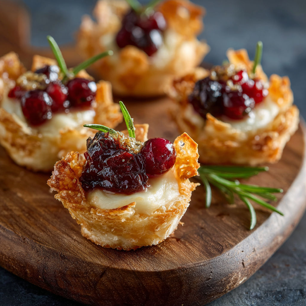 Cranberry Brie Bites on a wooden platter.