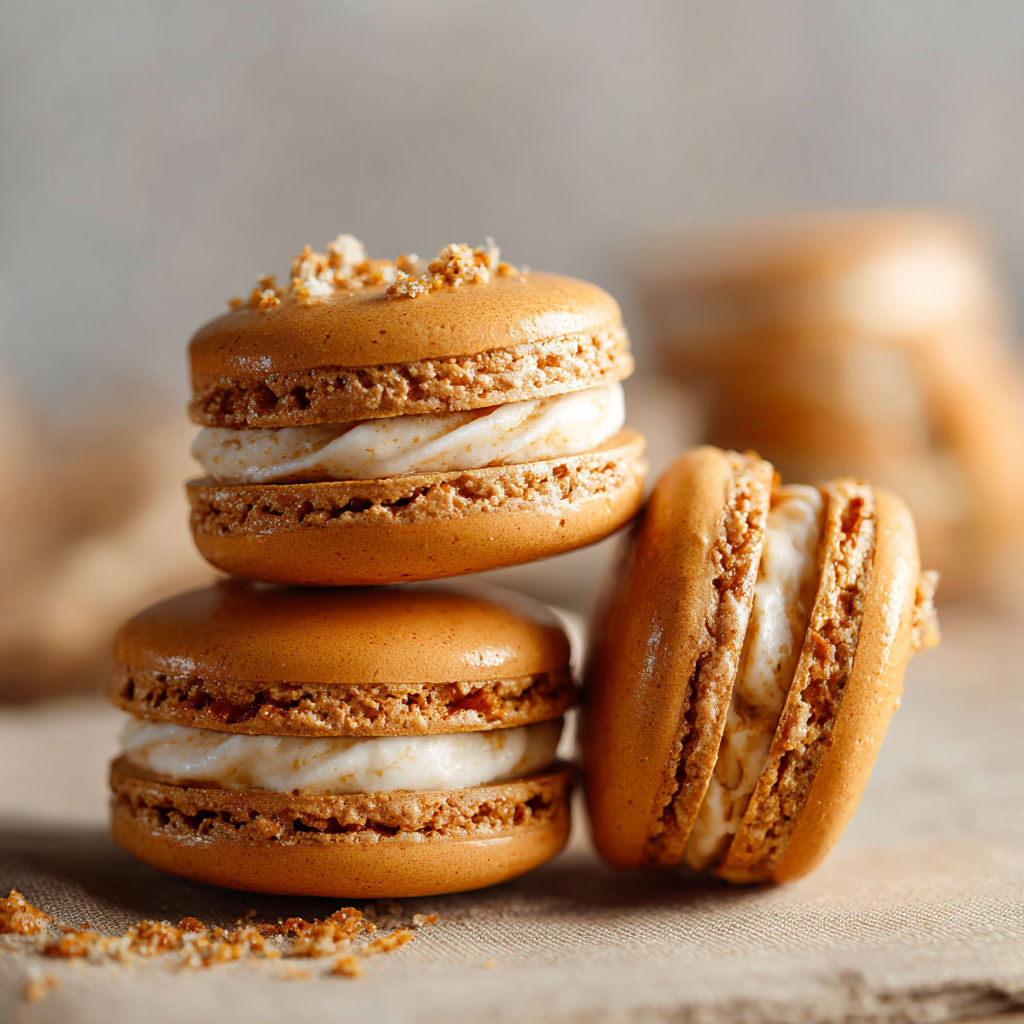 A stack of three macaroons with white frosting.
