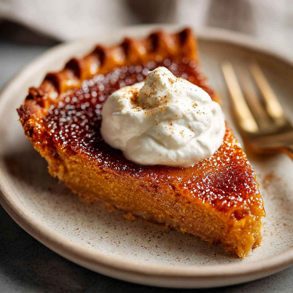 A slice of pumpkin pie with whipped cream and a sprinkle of cinnamon.