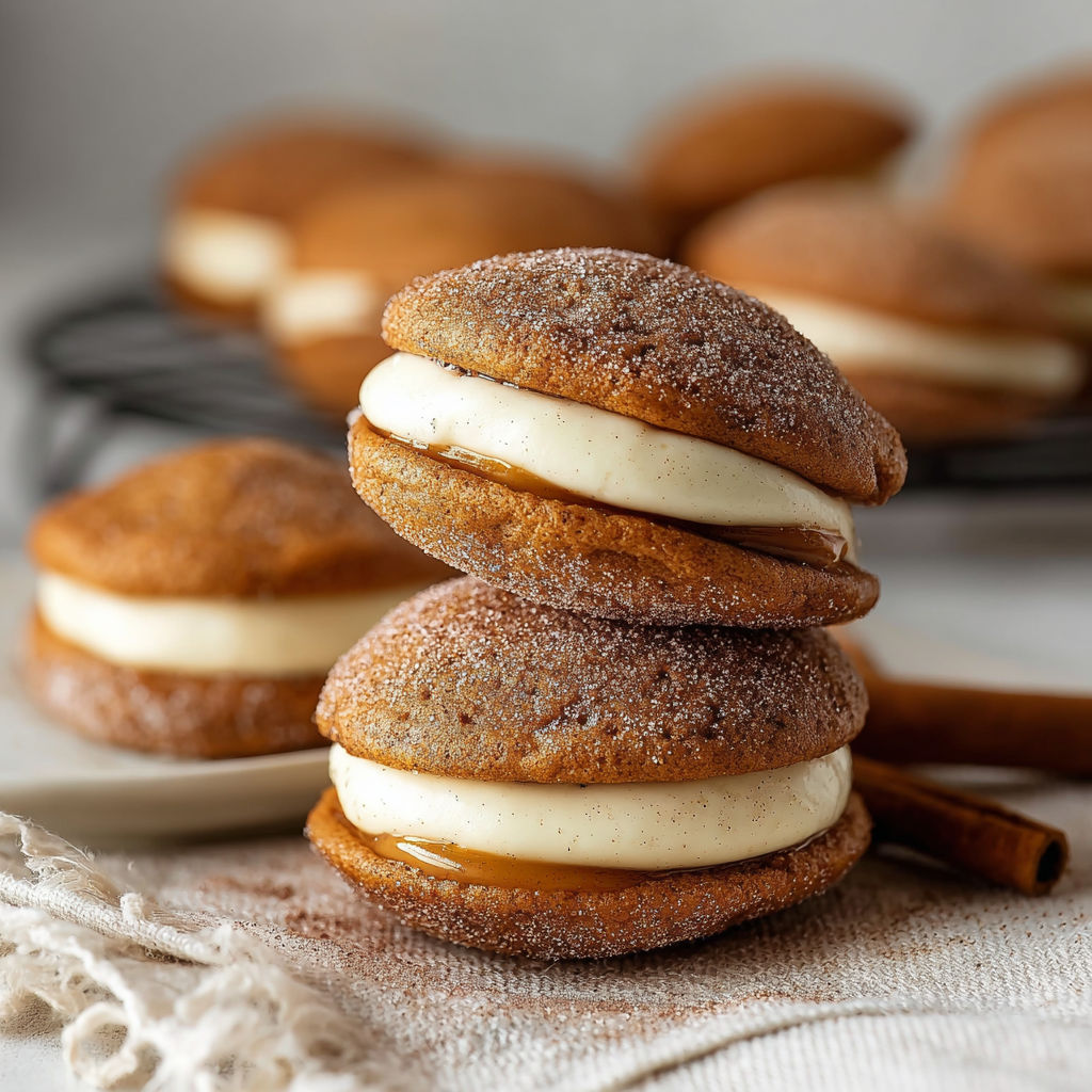 A stack of three apple cider whoopie pies.