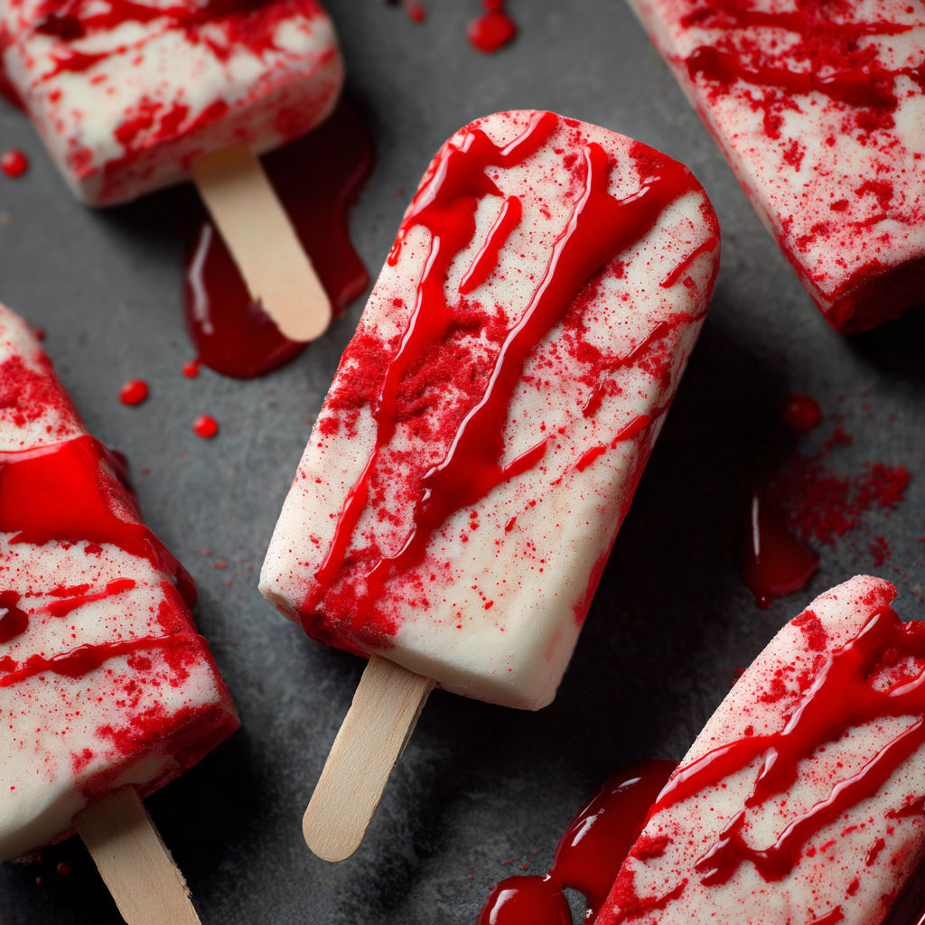 Red and white frozen dessert with a wooden stick.