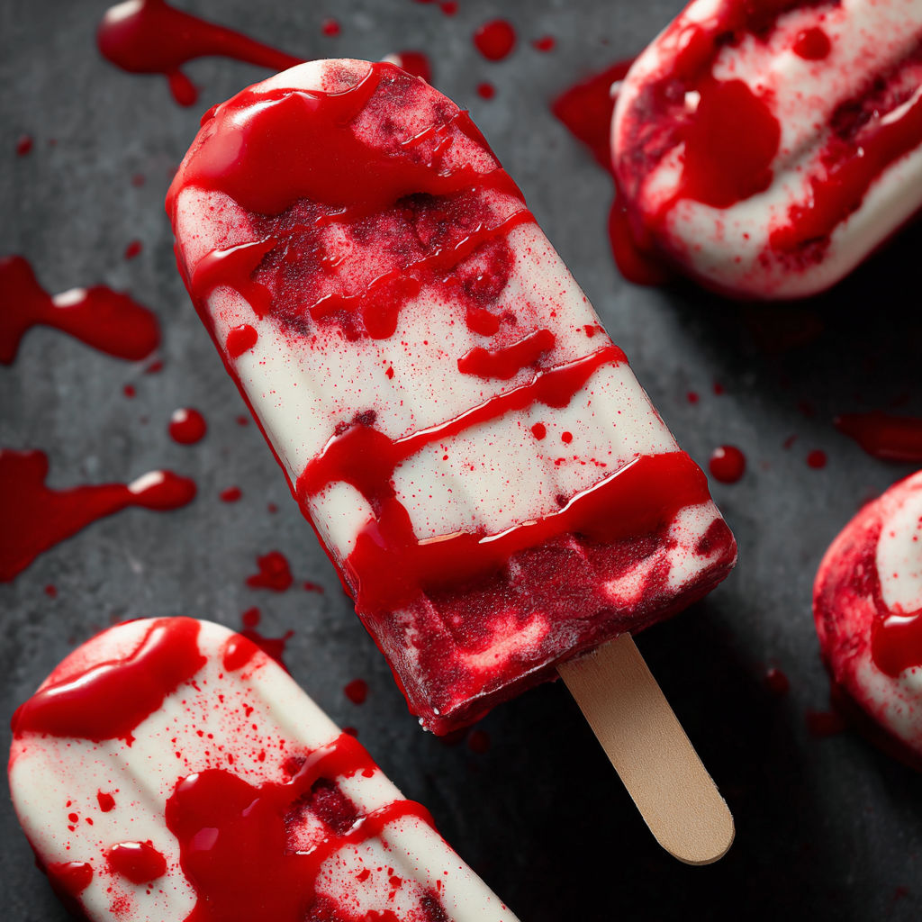 A red and white ice cream cone with red drizzle.