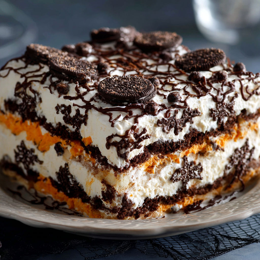 A slice of cake with chocolate and white frosting.