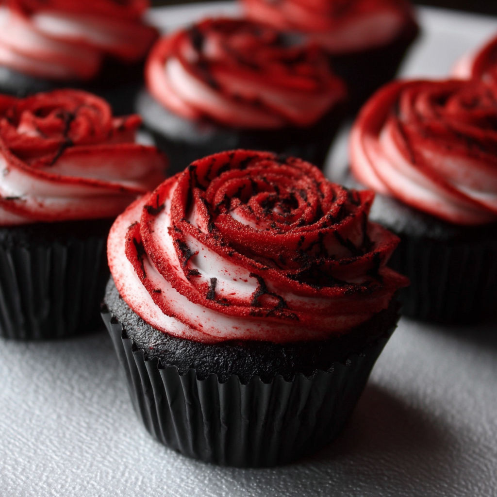 Two-tone red velvet cupcakes with a rose design.