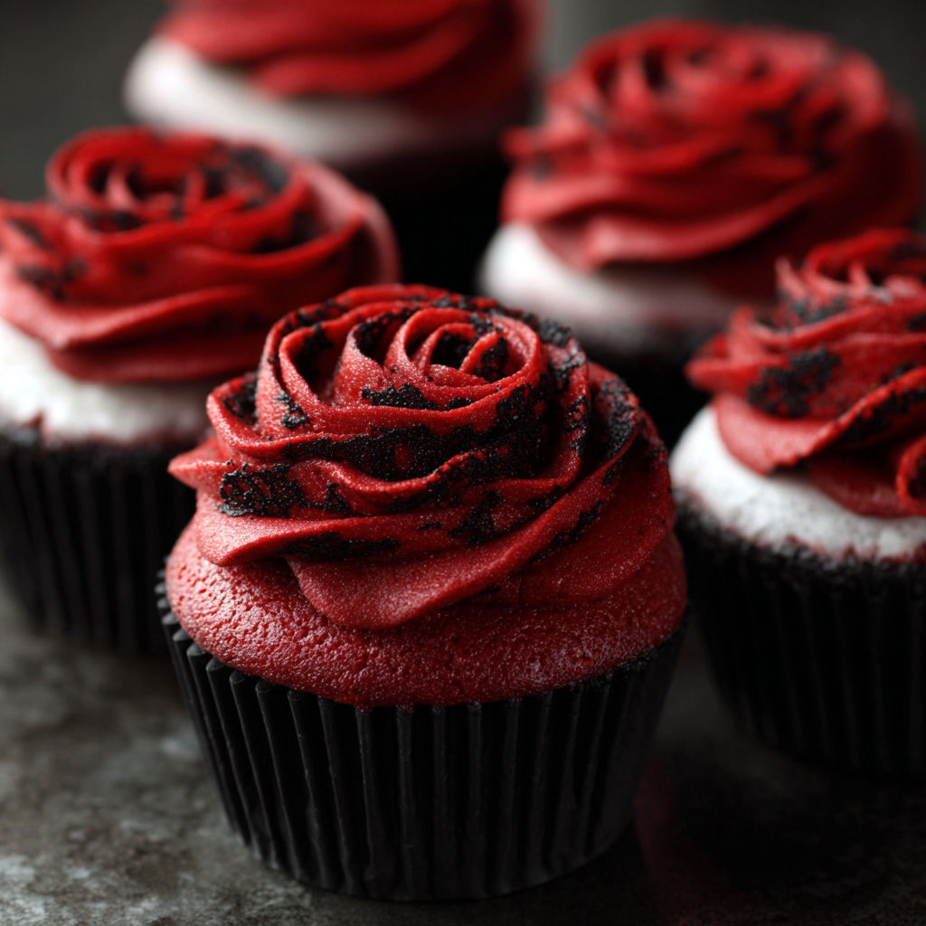 A cupcake with a red rose frosting.