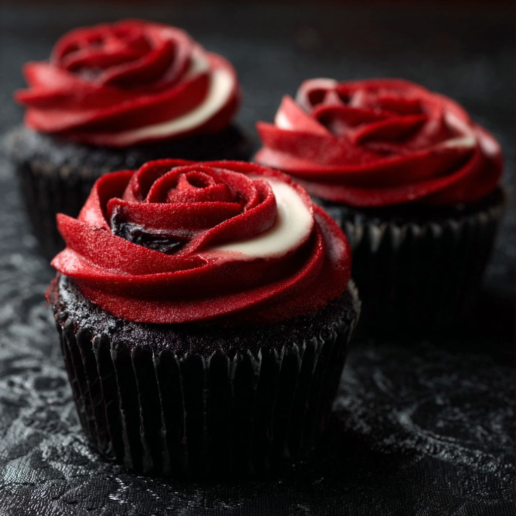 Two red velvet cupcakes with white frosting and red roses.