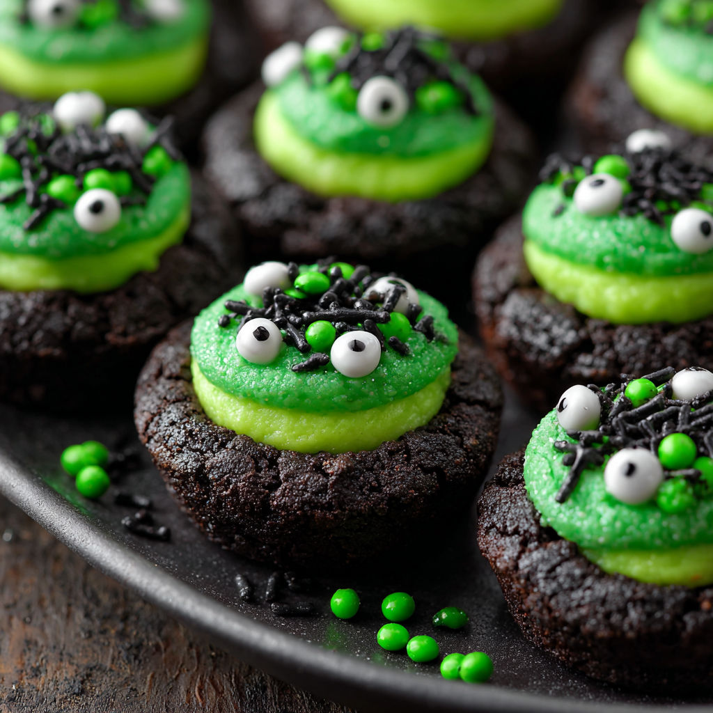 A plate of chocolate cookies with green eyes.