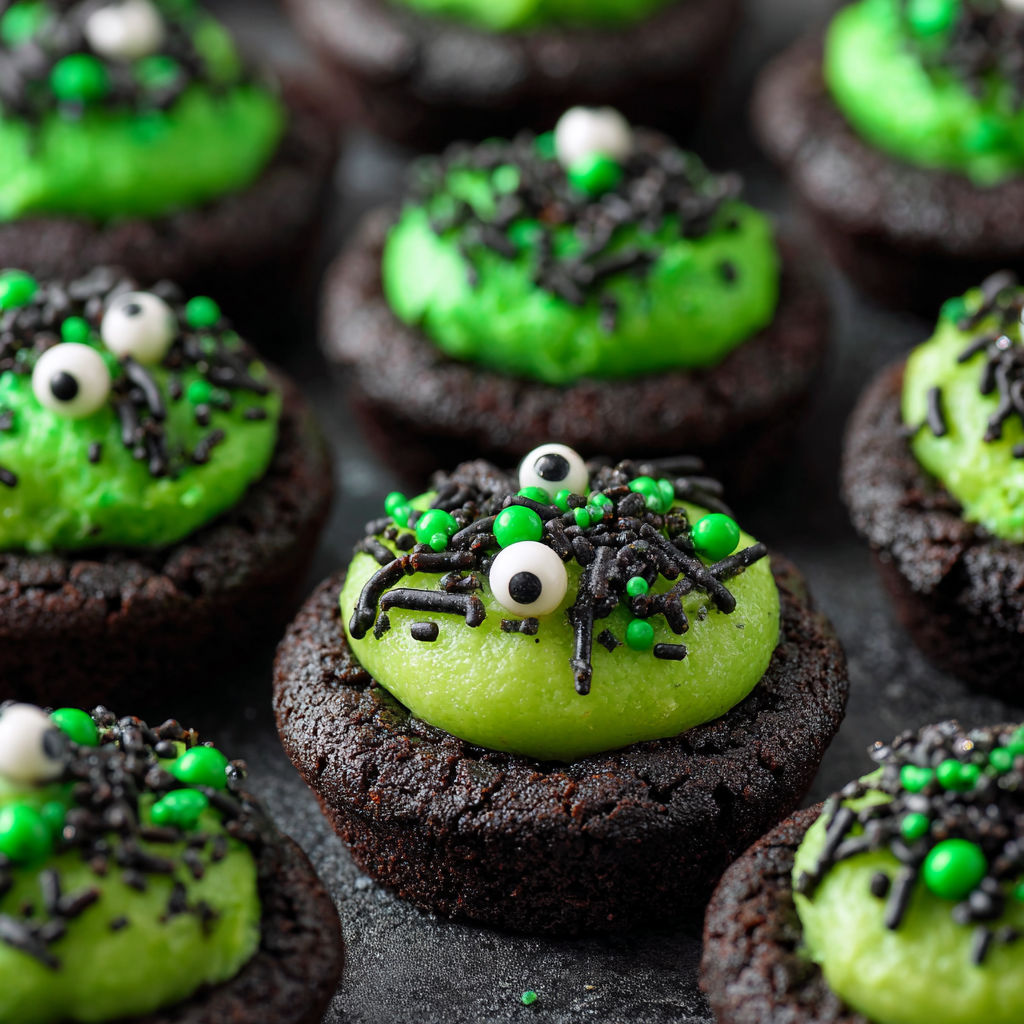 A plate of cookies with green frosting and black frosting.