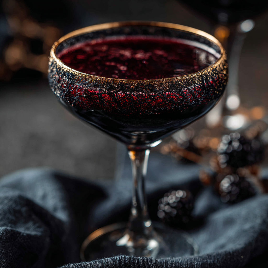 A glass of black vodka martini.