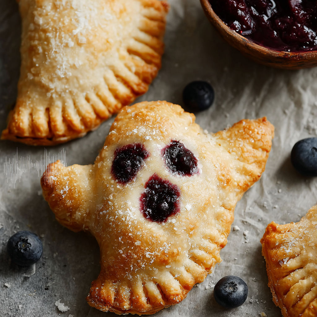 A ghost shaped pastry with blueberries on top.
