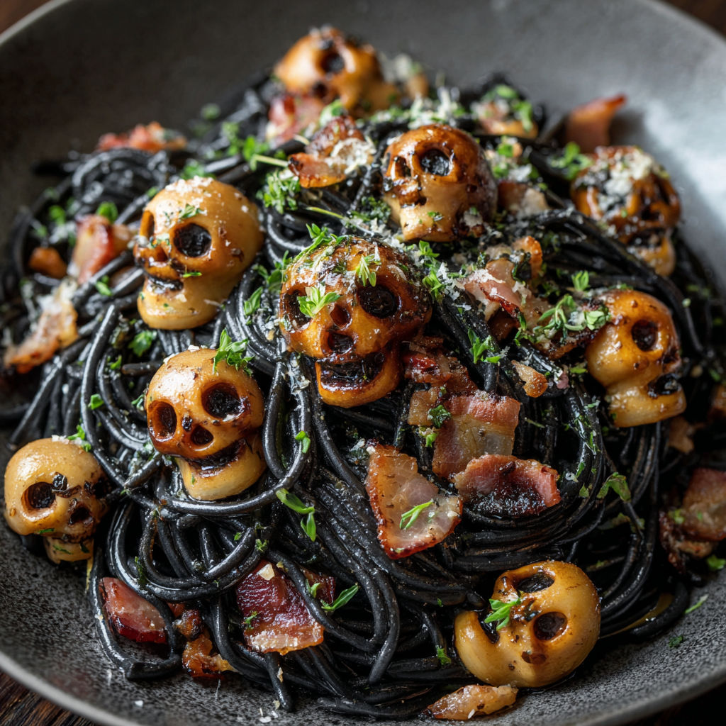 A bowl of spaghetti with mushroom skulls on top.