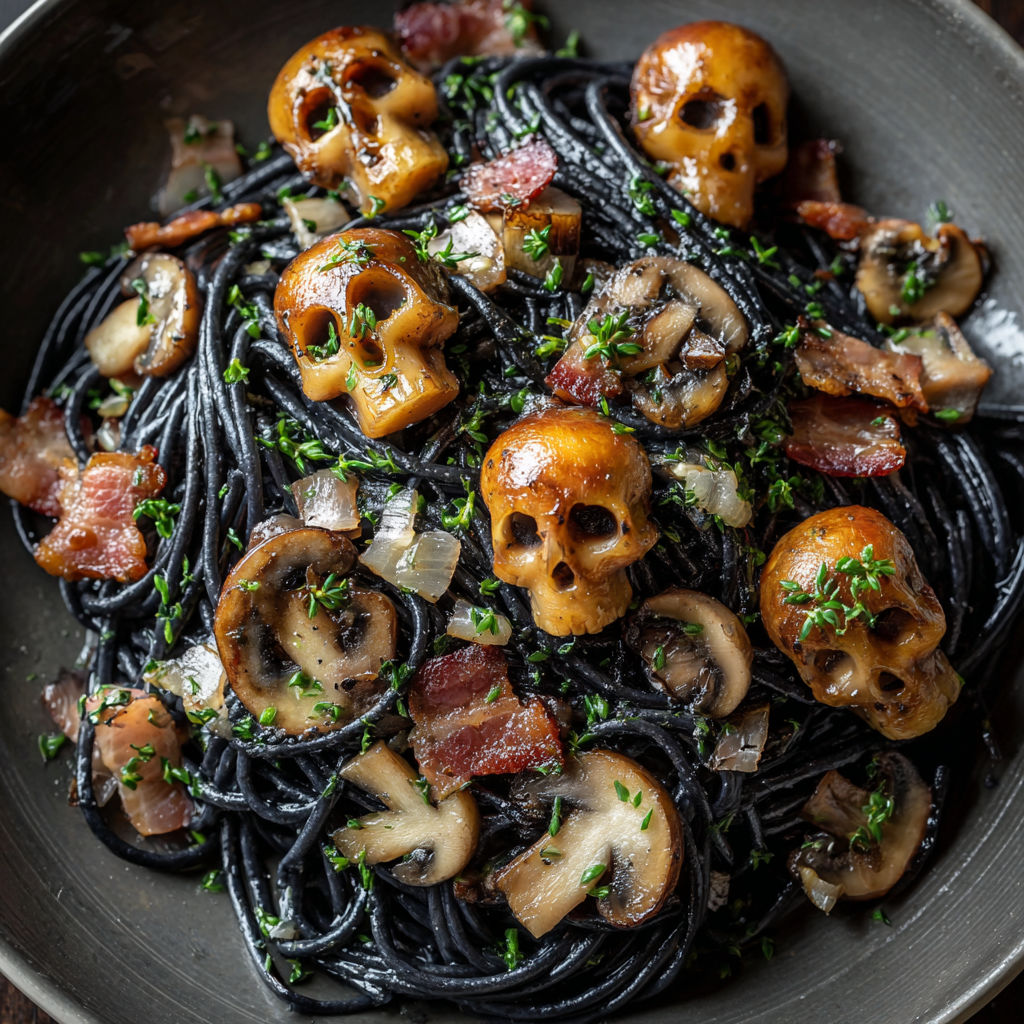 A bowl of spaghetti with mushrooms and bacon.
