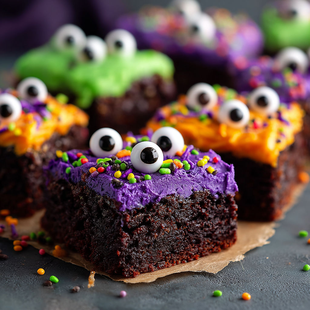 A close up of a chocolate cake with purple frosting and eyes.