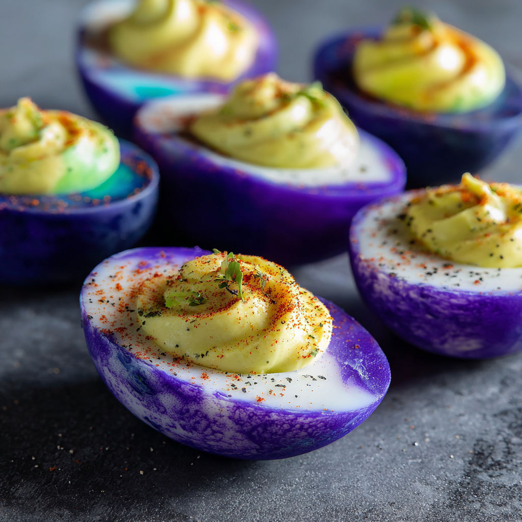 A purple egg with a green topping.