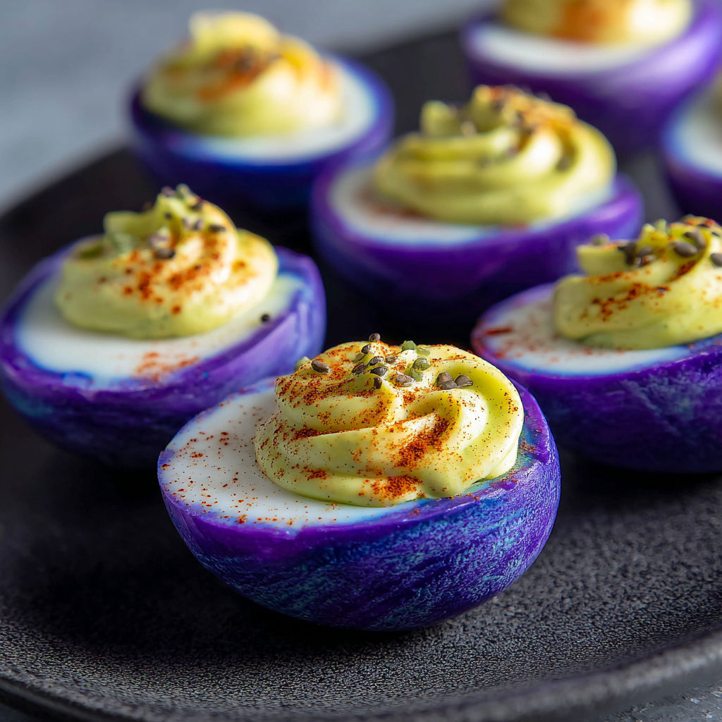 A plate of food with a blue and purple color.