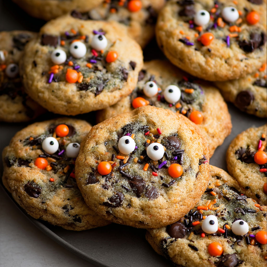 A plate of cookies with orange and purple frosting and chocolate chips.