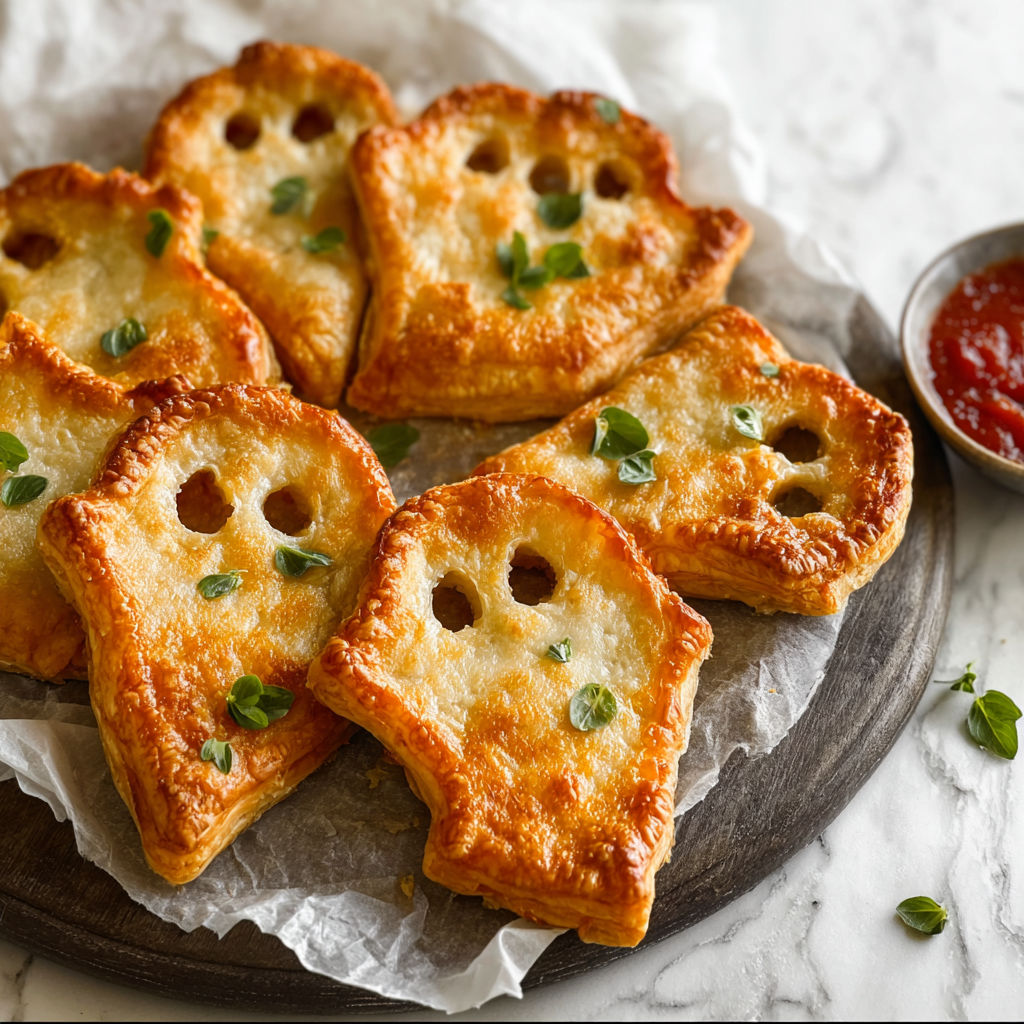 A plate of ghost shaped puff pastry pizza.