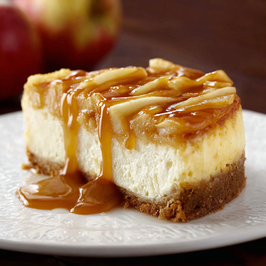 A slice of caramel apple cheesecake on a plate.