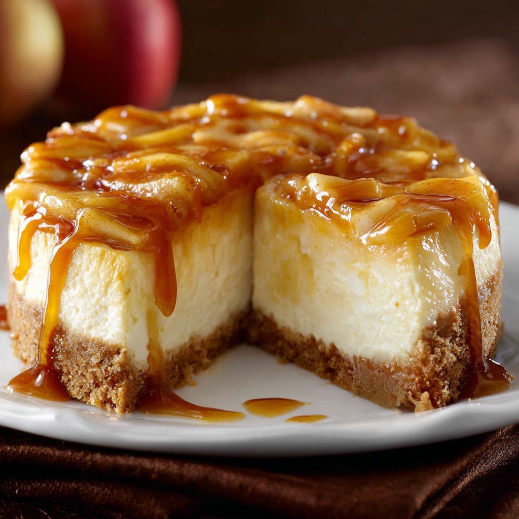 A slice of cheesecake with caramel sauce on a plate.