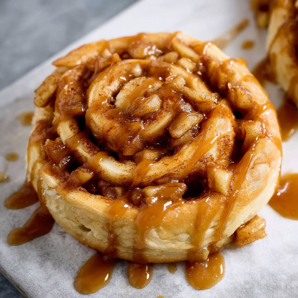 A close up of a cinnamon roll with caramel drizzled on top.