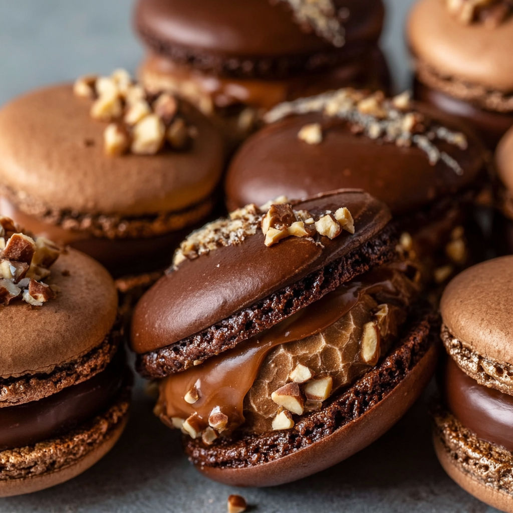 A close up of a chocolate macaron with nutella ganache.
