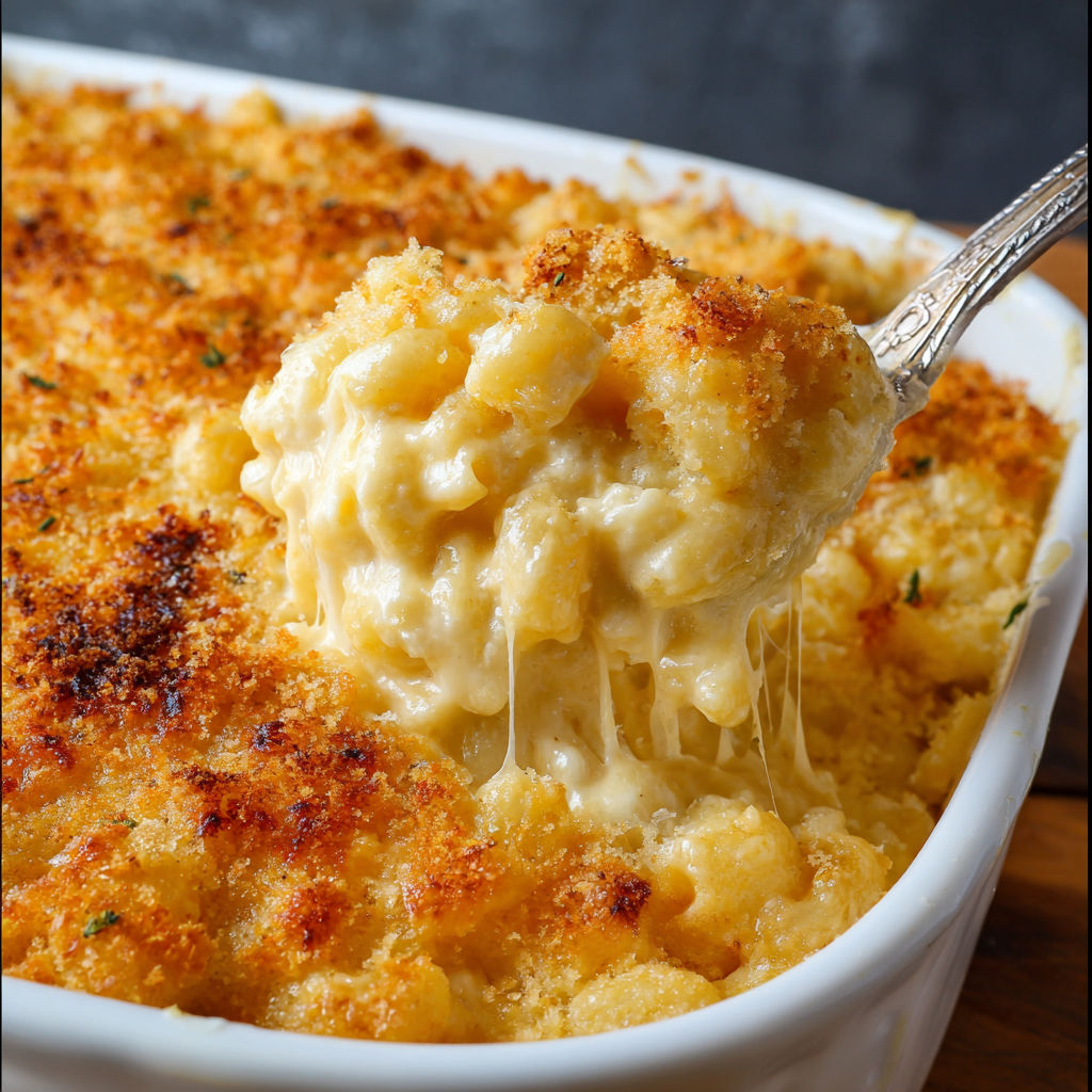 A spoon is in a bowl of macaroni and cheese.